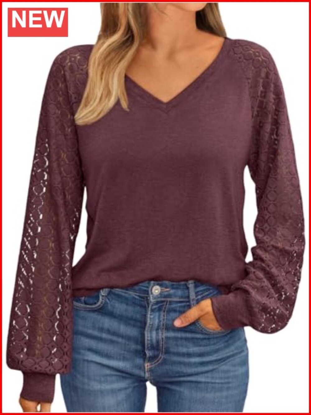 Womens Long Sleeve V-Neck Lace Sleeve Business Casual Blouse Top